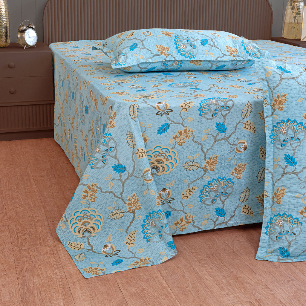 Sky Blue Botanical Bloom 180 TC Pure Cotton Bedsheet Set with Pillow Cover