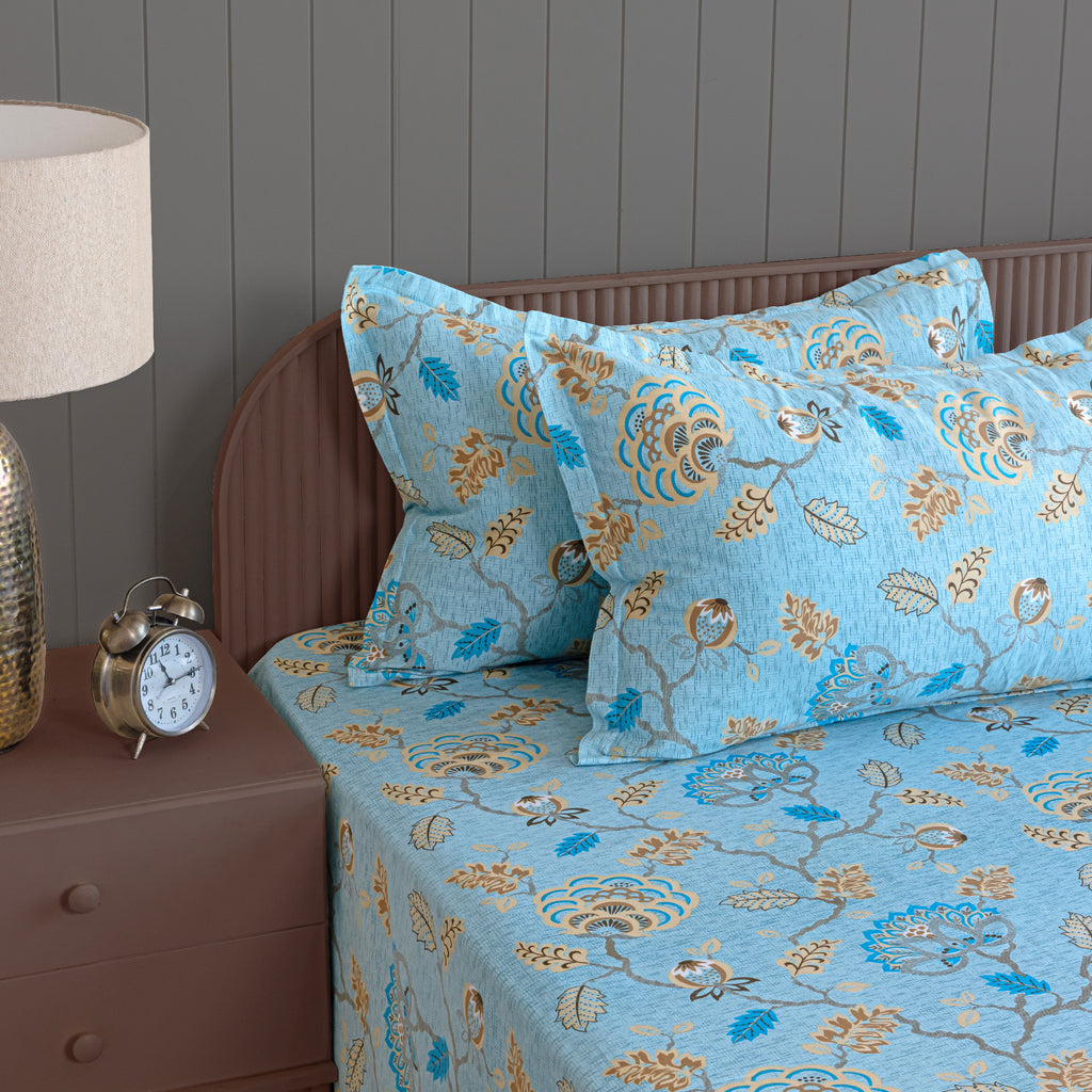 Sky Blue Botanical Bloom 180 TC Pure Cotton Bedsheet Set with Pillow Cover