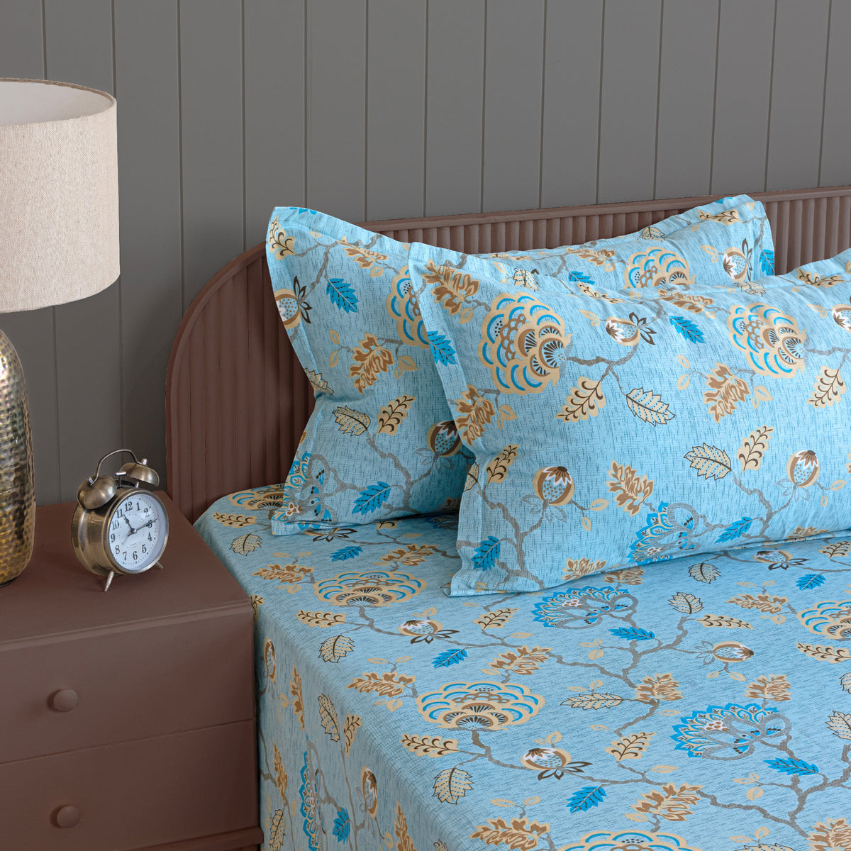 Sky Blue Botanical Bloom 180 TC Pure Cotton Bedsheet Set with Pillow Cover