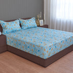 Sky Blue Botanical Bloom 180 TC Pure Cotton Bedsheet Set with Pillow Cover