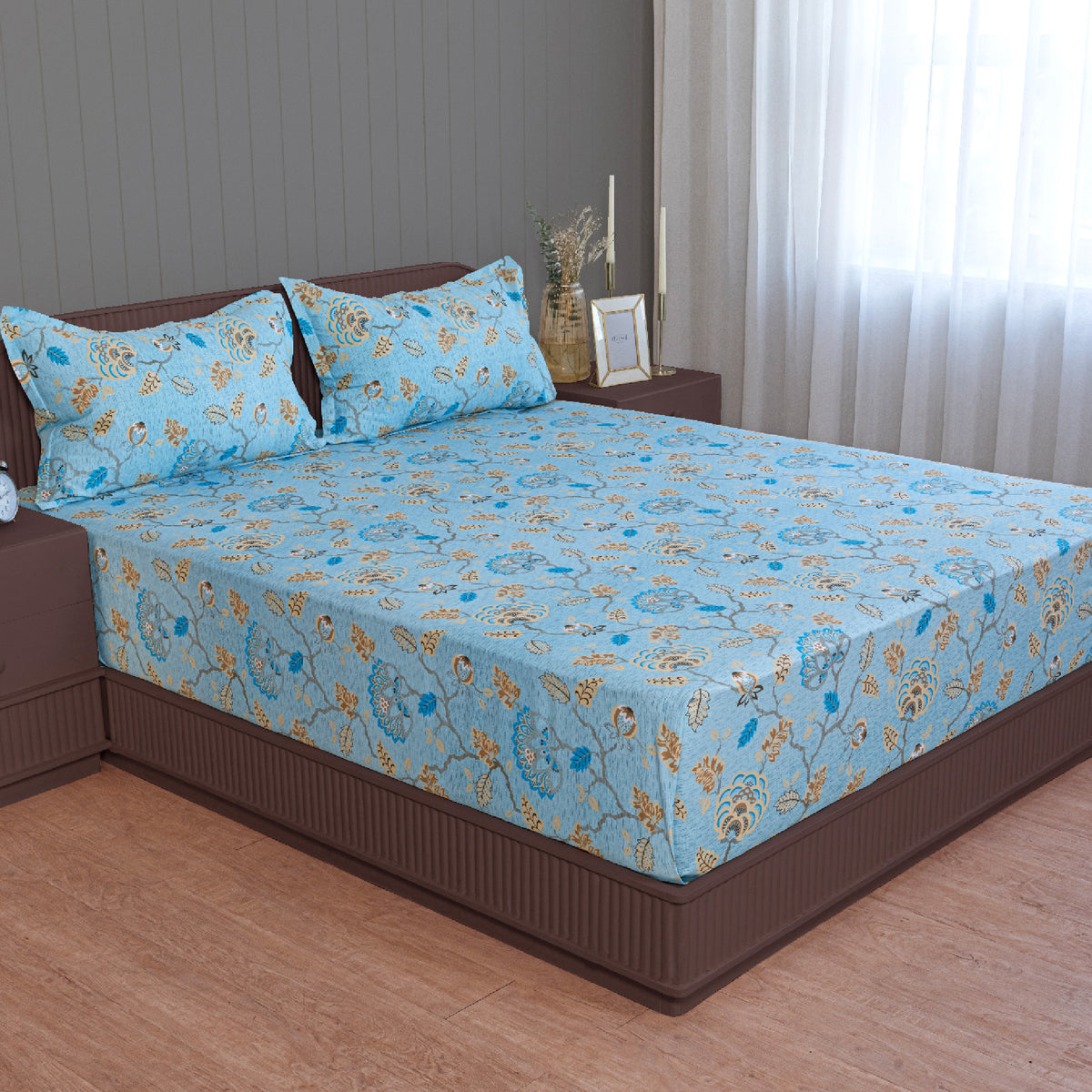 Sky Blue Botanical Bloom 180 TC Pure Cotton Bedsheet Set with Pillow Cover
