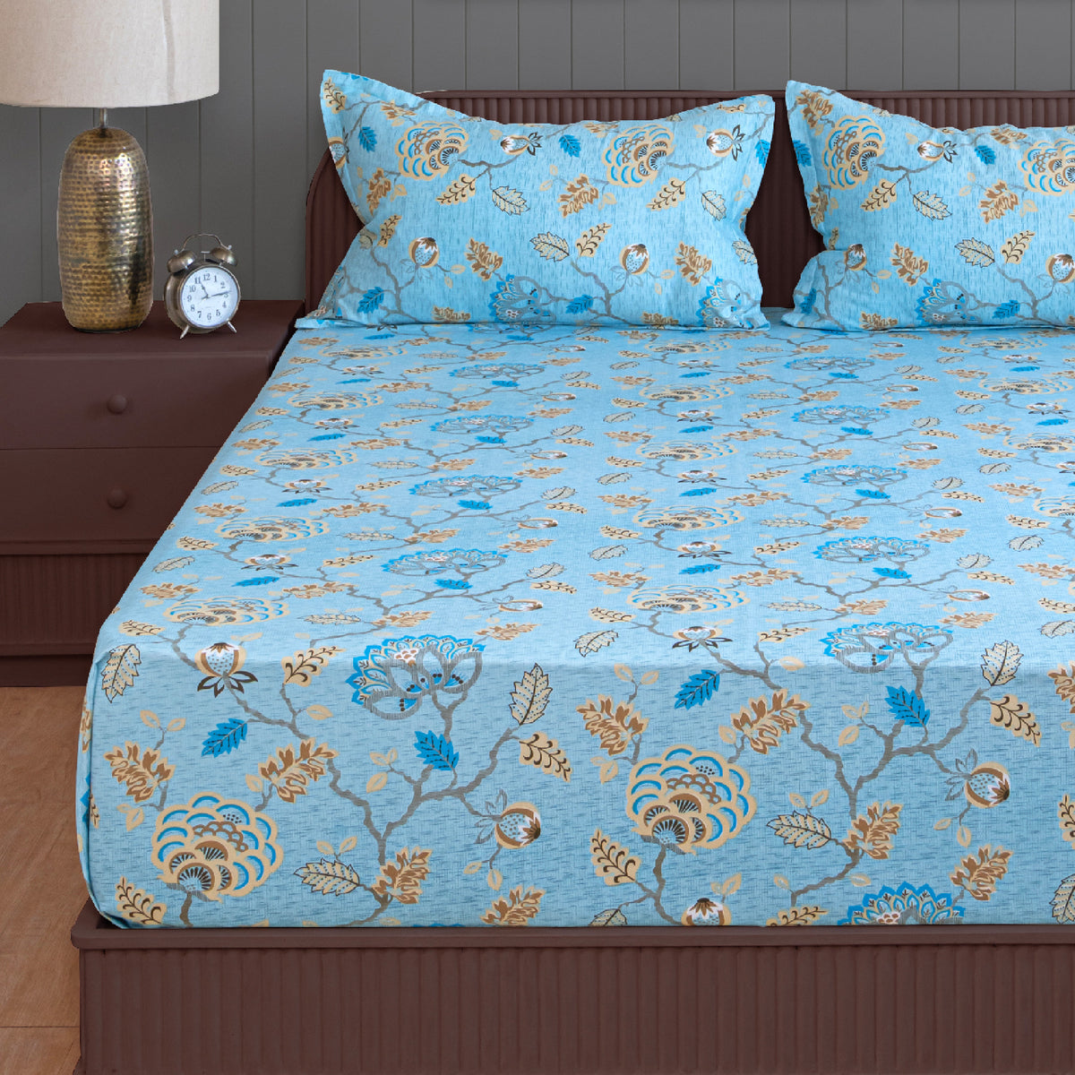 Sky Blue Botanical Bloom 180 TC Pure Cotton Bedsheet Set with Pillow Cover