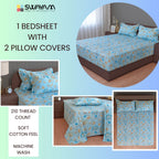 Sky Blue Botanical Bloom 180 TC Pure Cotton Bedsheet Set with Pillow Cover