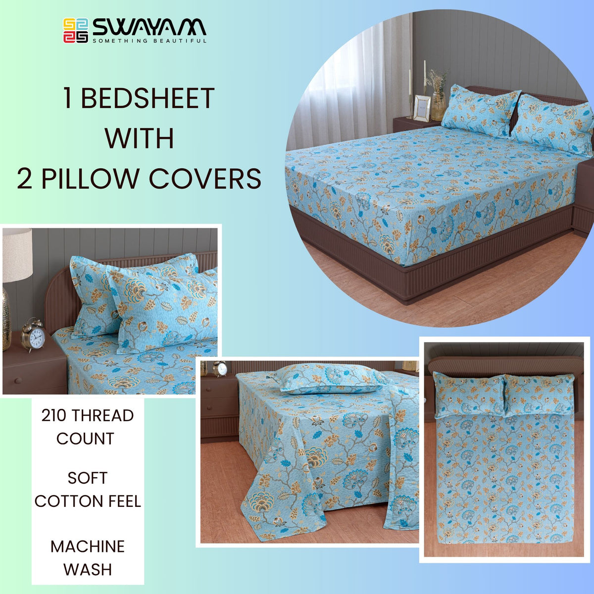 Sky Blue Botanical Bloom 180 TC Pure Cotton Bedsheet Set with Pillow Cover