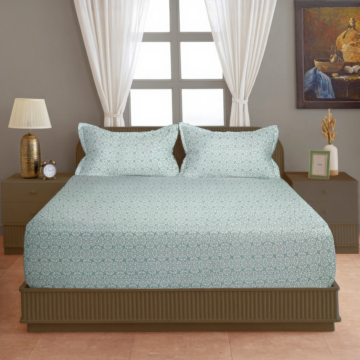 Mint Green Ornamental 200 TC Pure Cotton Bedsheet with Pillow Cover