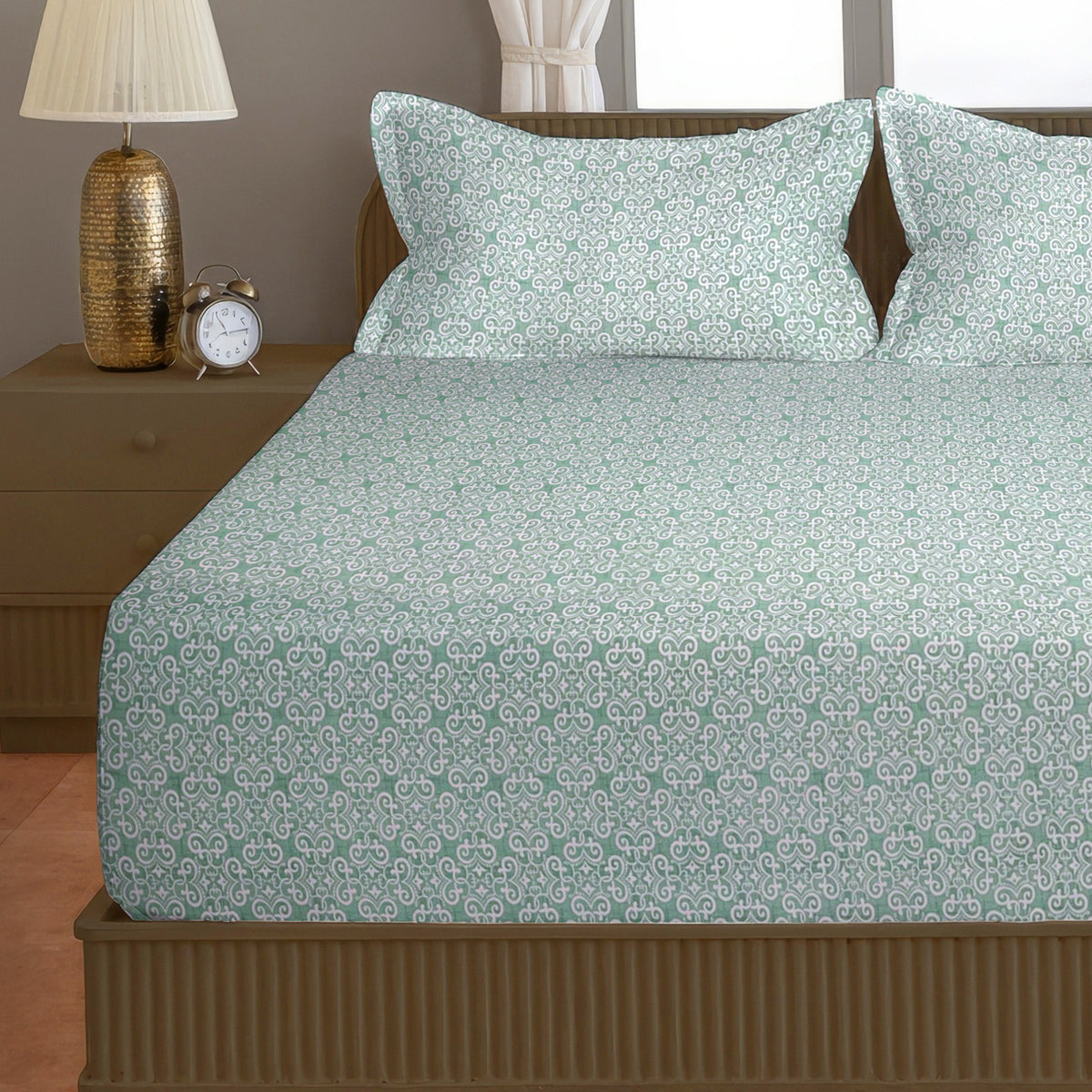 Mint Green Ornamental 200 TC Pure Cotton Bedsheet with Pillow Cover