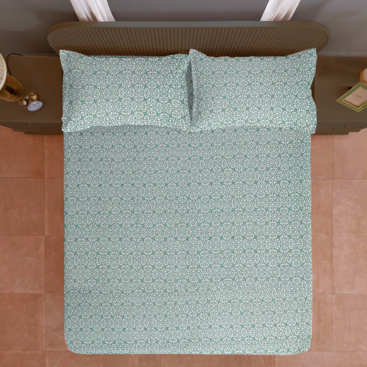 Mint Green Ornamental 200 TC Pure Cotton Bedsheet with Pillow Cover