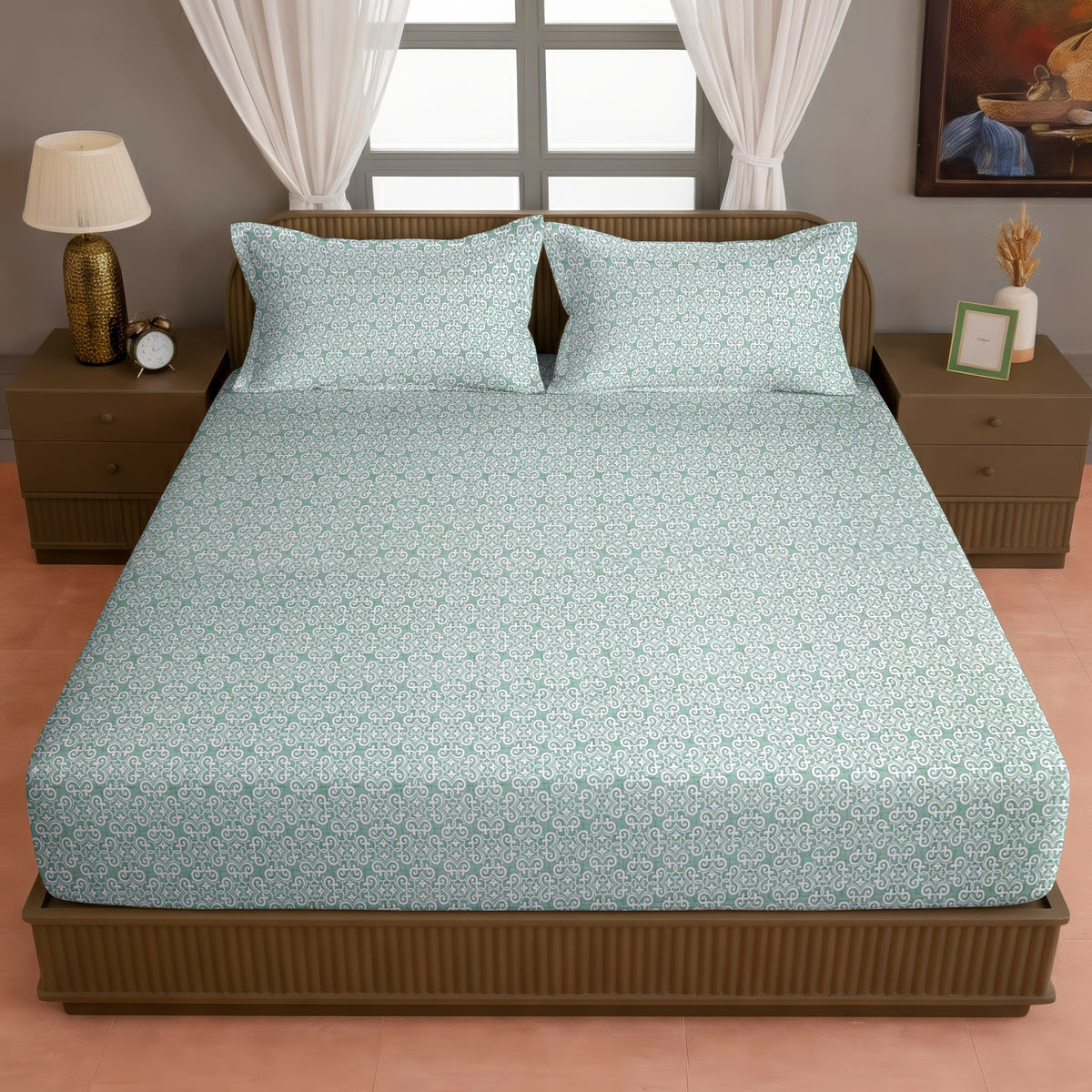 Mint Green Ornamental 200 TC Pure Cotton Bedsheet with Pillow Cover