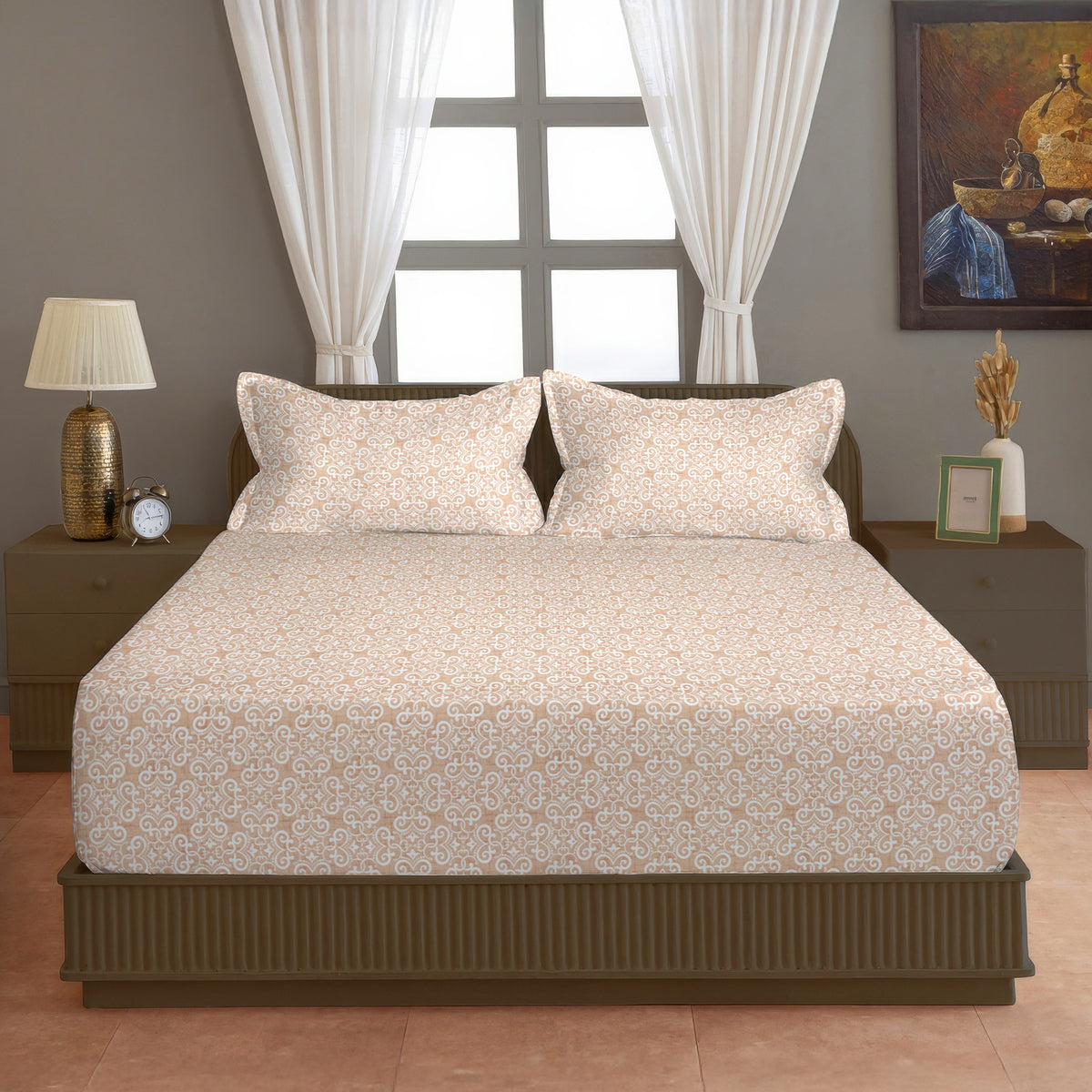 Beige Ornamental 200 TC Pure Cotton Bedsheet with Pillow Cover