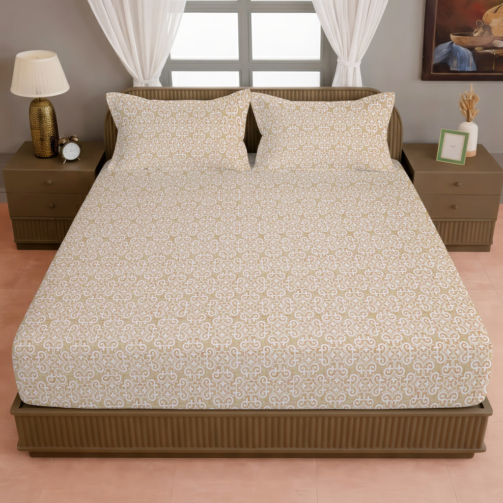 Beige Ornamental 200 TC Pure Cotton Bedsheet with Pillow Cover