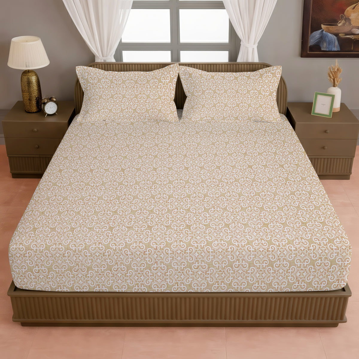 Beige Ornamental 200 TC Pure Cotton Bedsheet with Pillow Cover