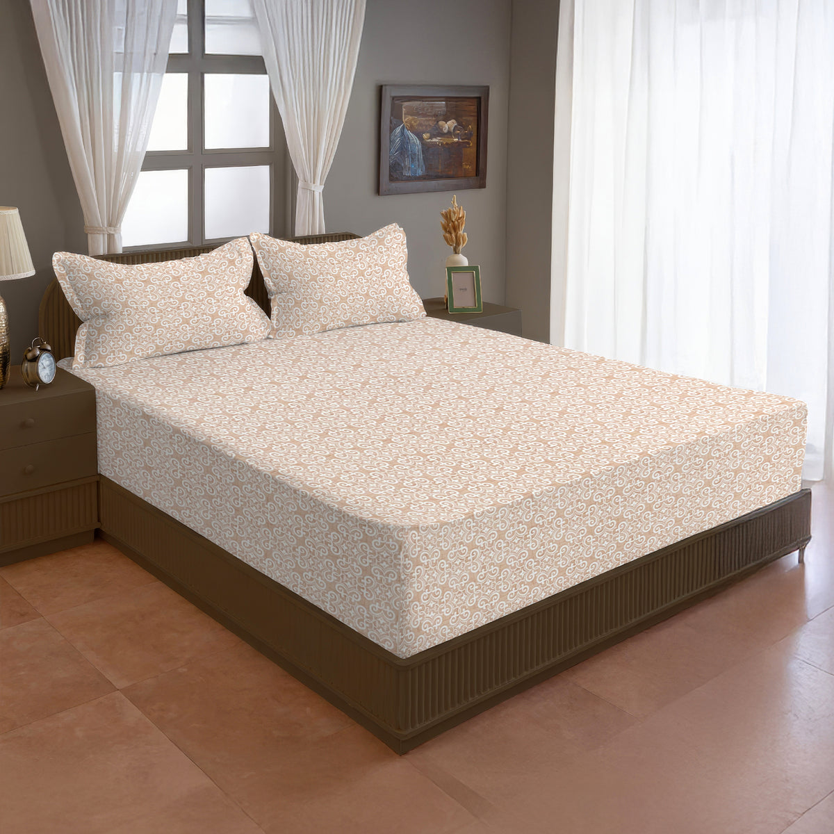 Beige Ornamental 200 TC Pure Cotton Bedsheet with Pillow Cover
