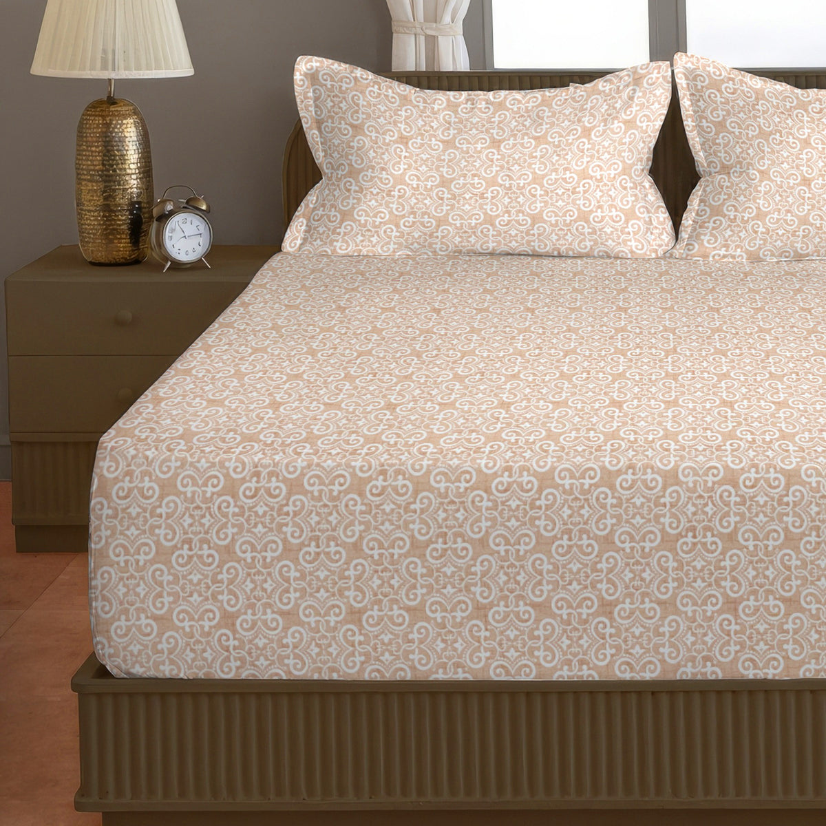 Beige Ornamental 200 TC Pure Cotton Bedsheet with Pillow Cover