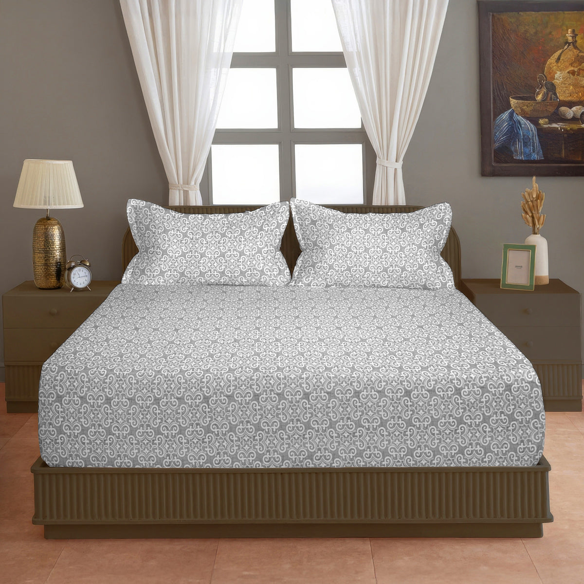 Grey Ornamental 200 TC Pure Cotton Bedsheet with Pillow Cover