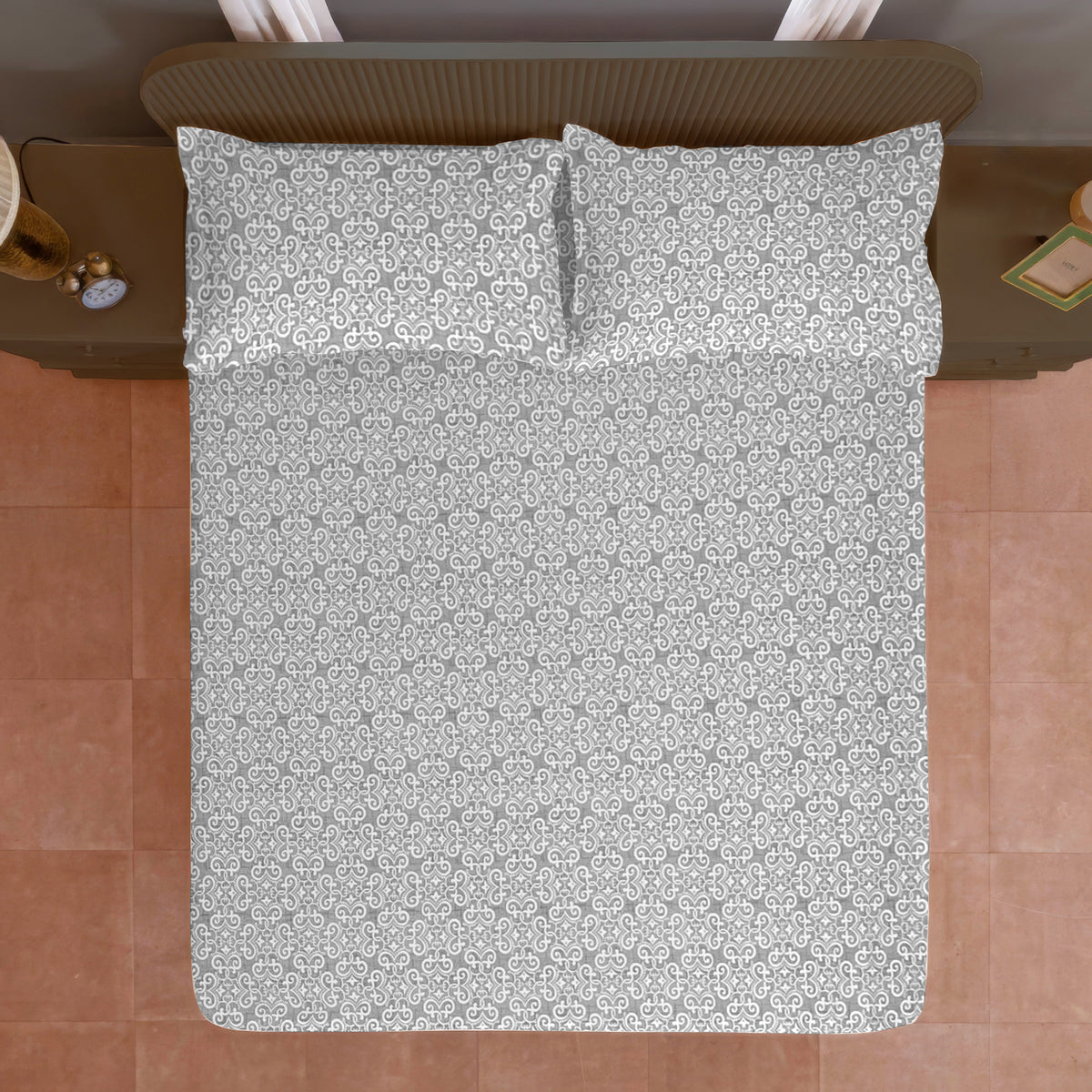 Grey Ornamental 200 TC Pure Cotton Bedsheet with Pillow Cover