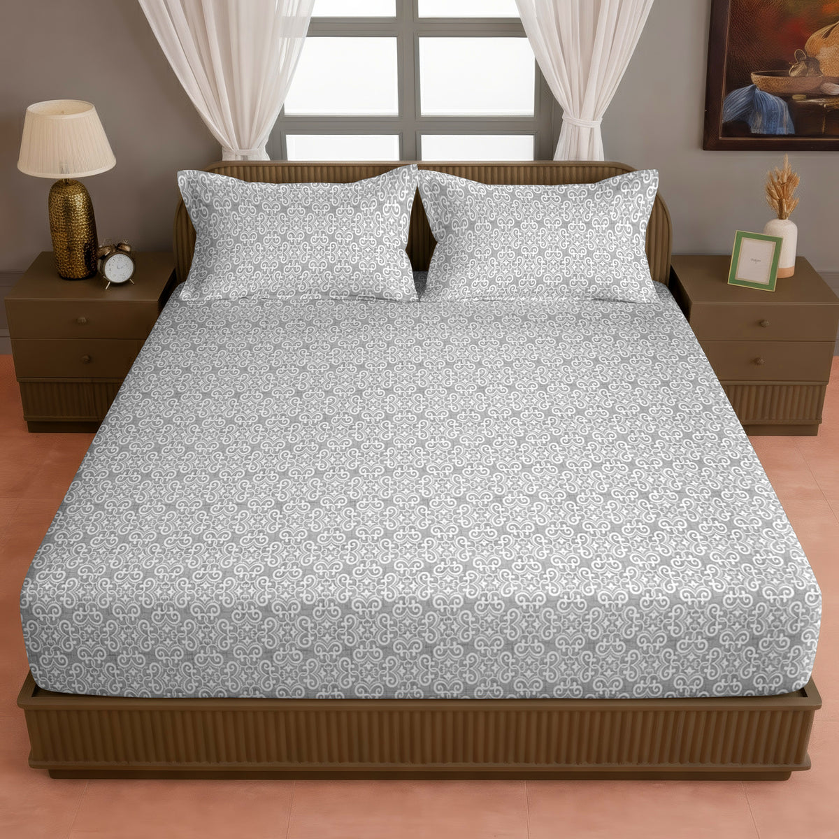 Grey Ornamental 200 TC Pure Cotton Bedsheet with Pillow Cover