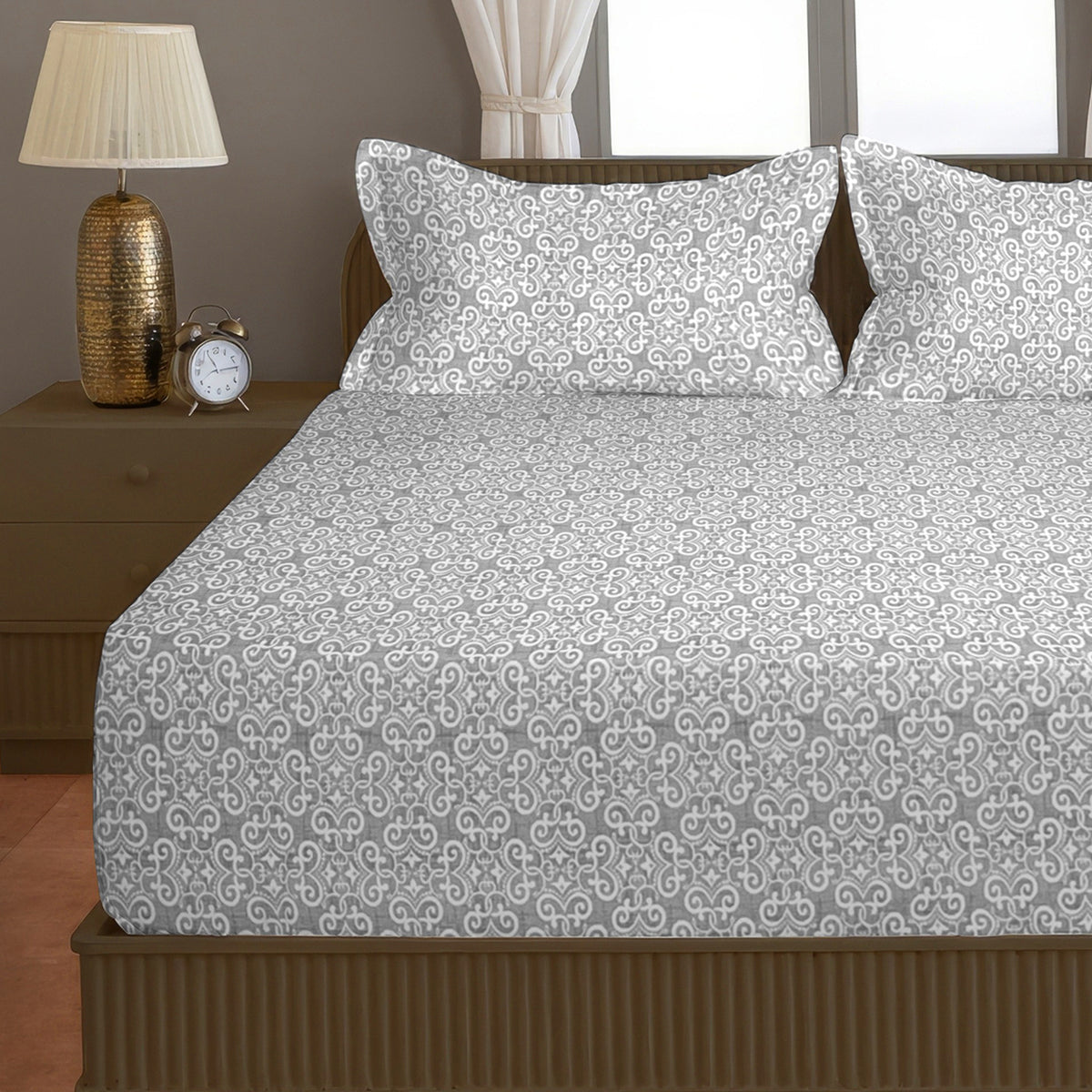 Grey Ornamental 200 TC Pure Cotton Bedsheet with Pillow Cover