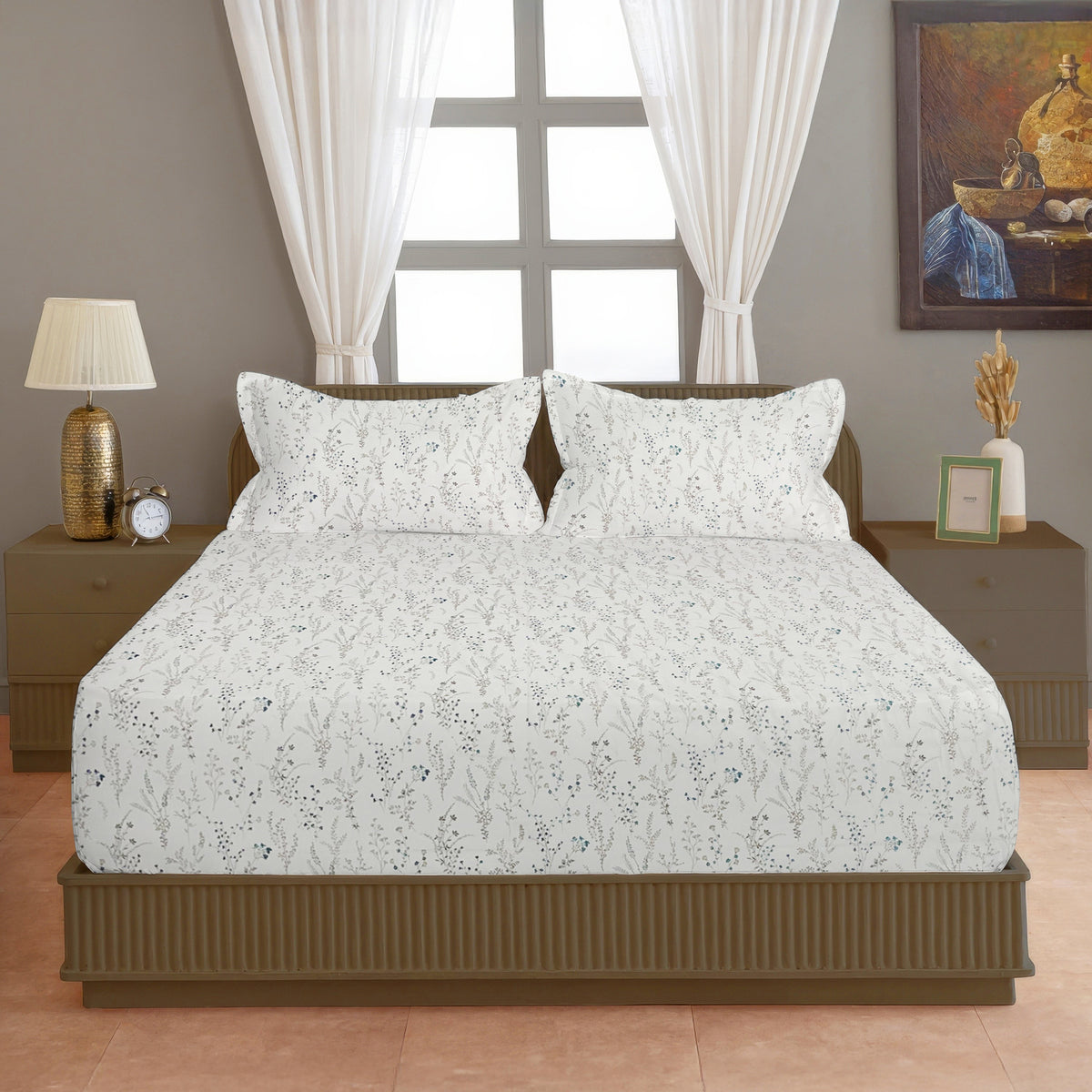 Ivory Botanical 200 TC Pure Cotton Bedsheet with Pillow Cover