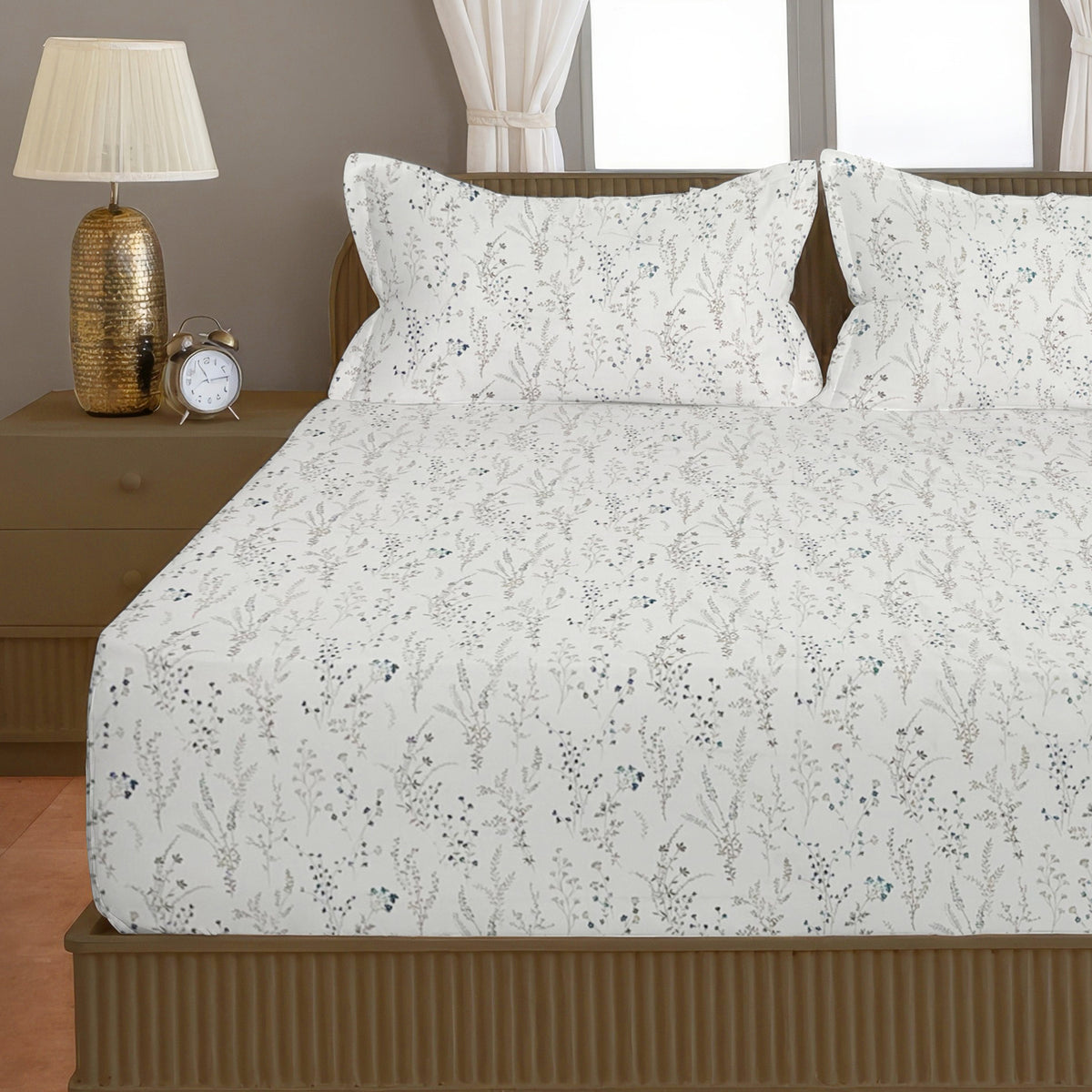 Ivory Botanical 200 TC Pure Cotton Bedsheet with Pillow Cover