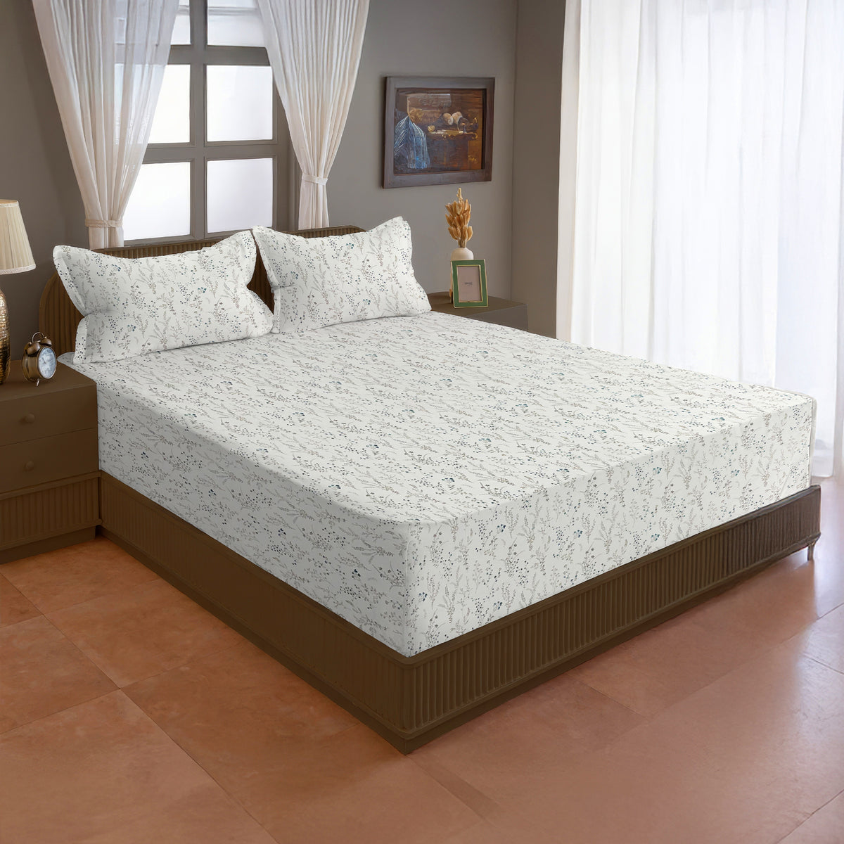 Ivory Botanical 200 TC Pure Cotton Bedsheet with Pillow Cover