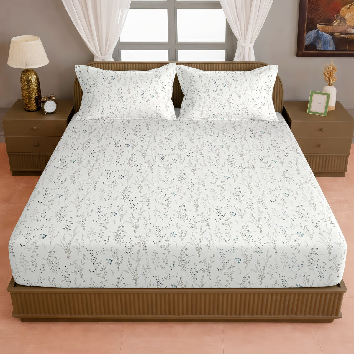Ivory Botanical 200 TC Pure Cotton Bedsheet with Pillow Cover