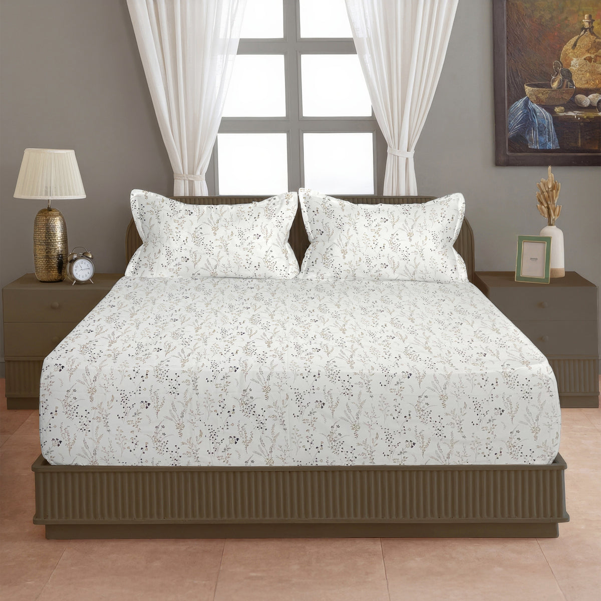 Ivory Meadow 200 TC Pure Cotton Bedsheet with Pillow Cover