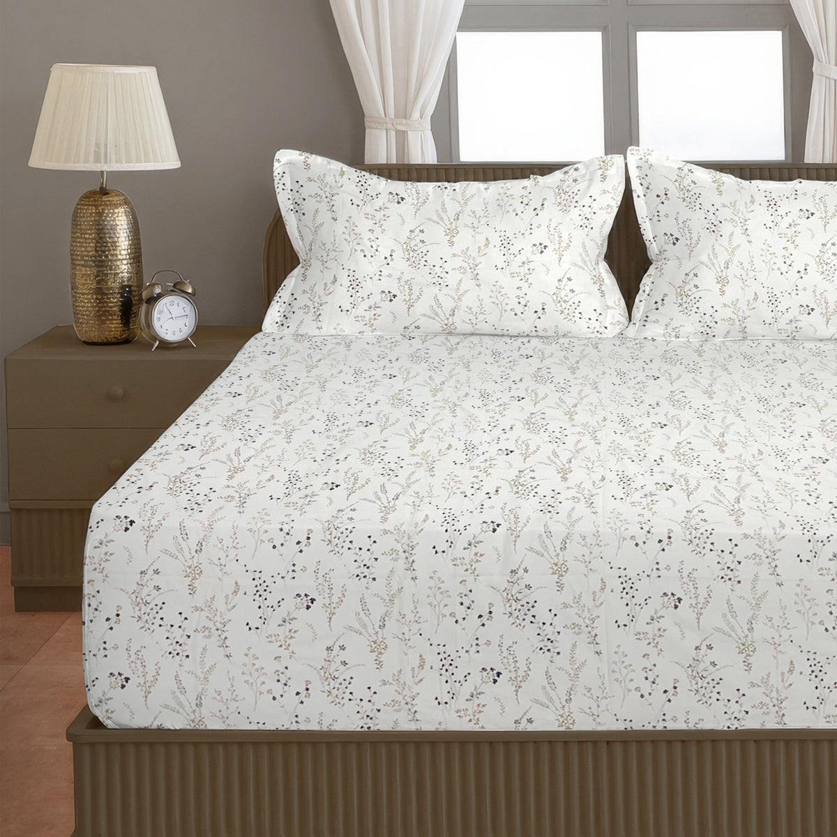Ivory Meadow 200 TC Pure Cotton Bedsheet with Pillow Cover