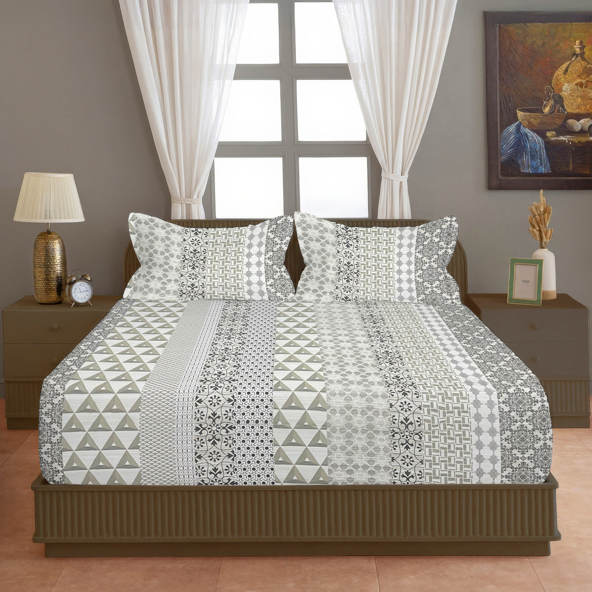 Beige Mosaic 200 TC Pure Cotton Bedsheet with Pillow Cover