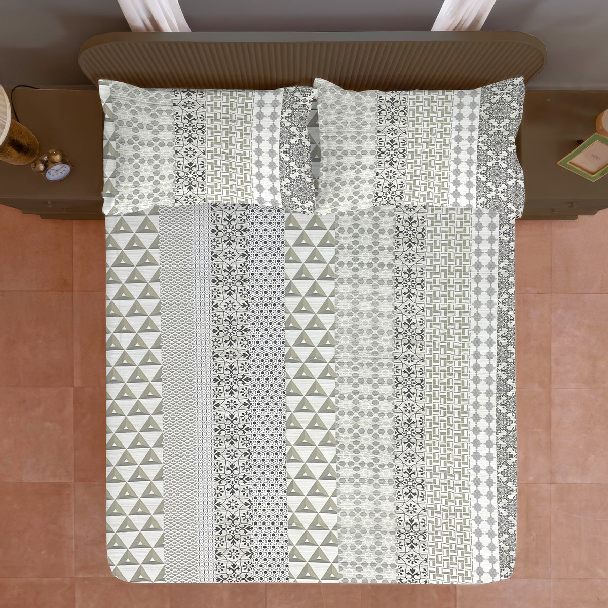 Beige Mosaic 200 TC Pure Cotton Bedsheet with Pillow Cover