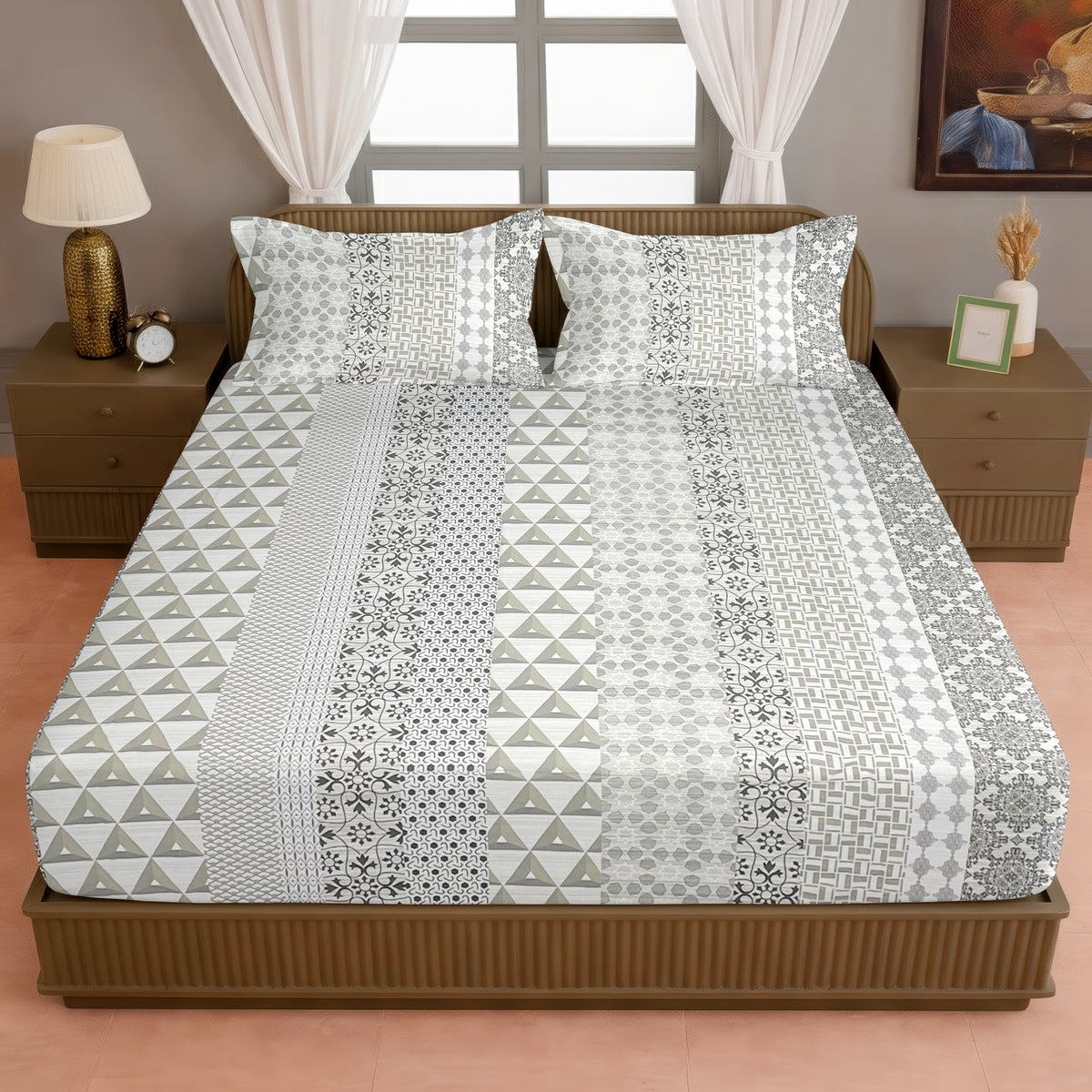 Beige Mosaic 200 TC Pure Cotton Bedsheet with Pillow Cover