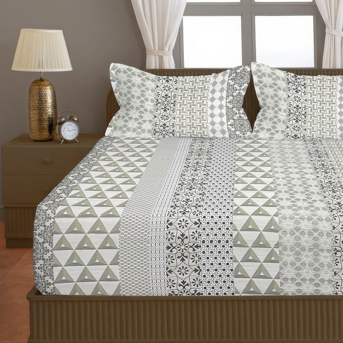 Beige Mosaic 200 TC Pure Cotton Bedsheet with Pillow Cover