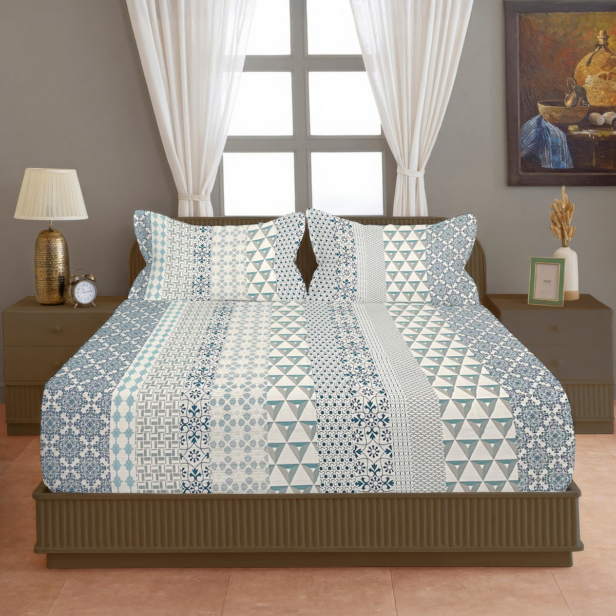 Aqua Mosaic 200 TC Pure Cotton Bedsheet with Pillow Cover