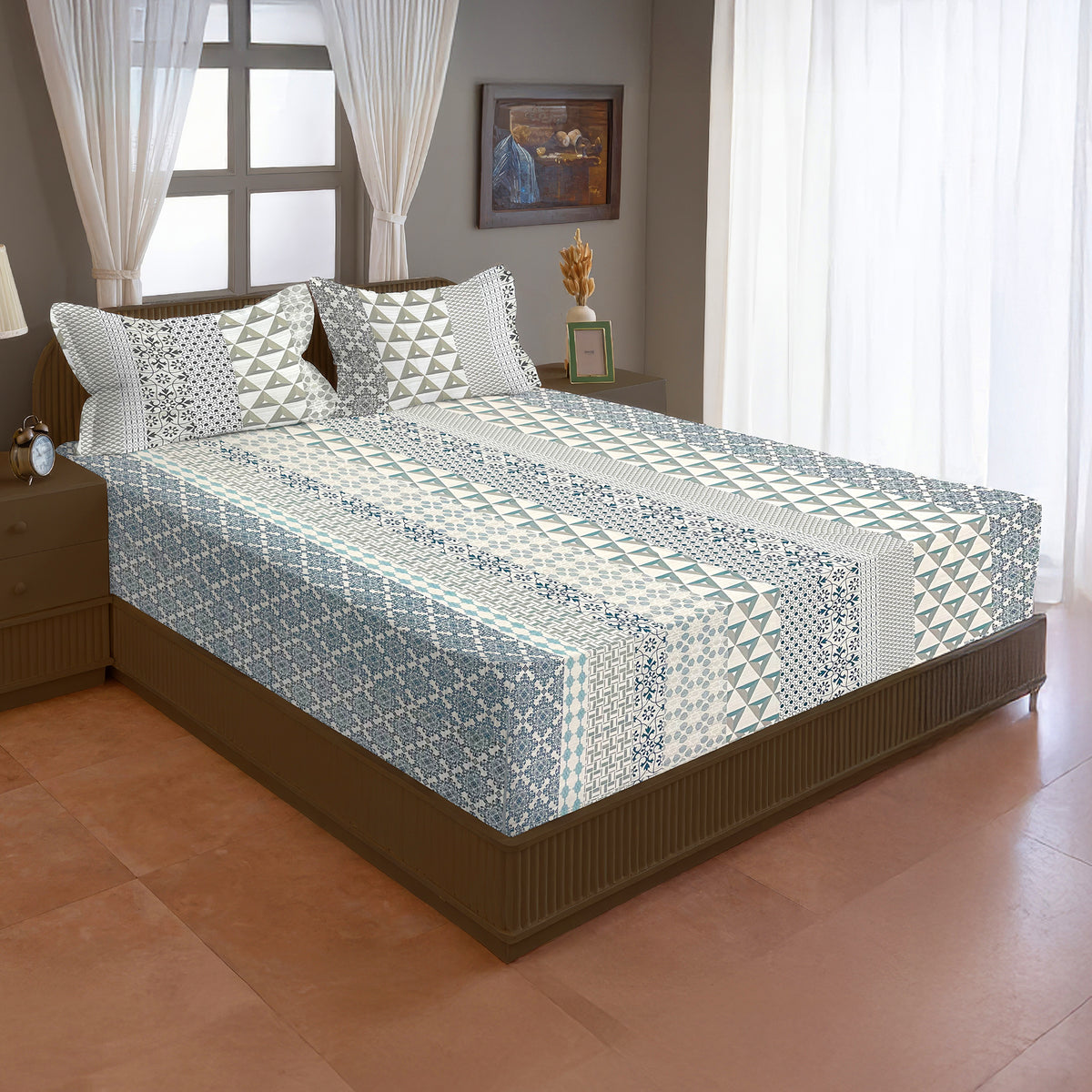 Aqua Mosaic 200 TC Pure Cotton Bedsheet with Pillow Cover