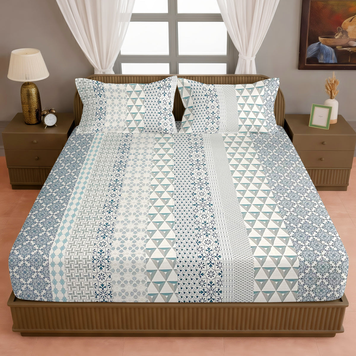 Aqua Mosaic 200 TC Pure Cotton Bedsheet with Pillow Cover