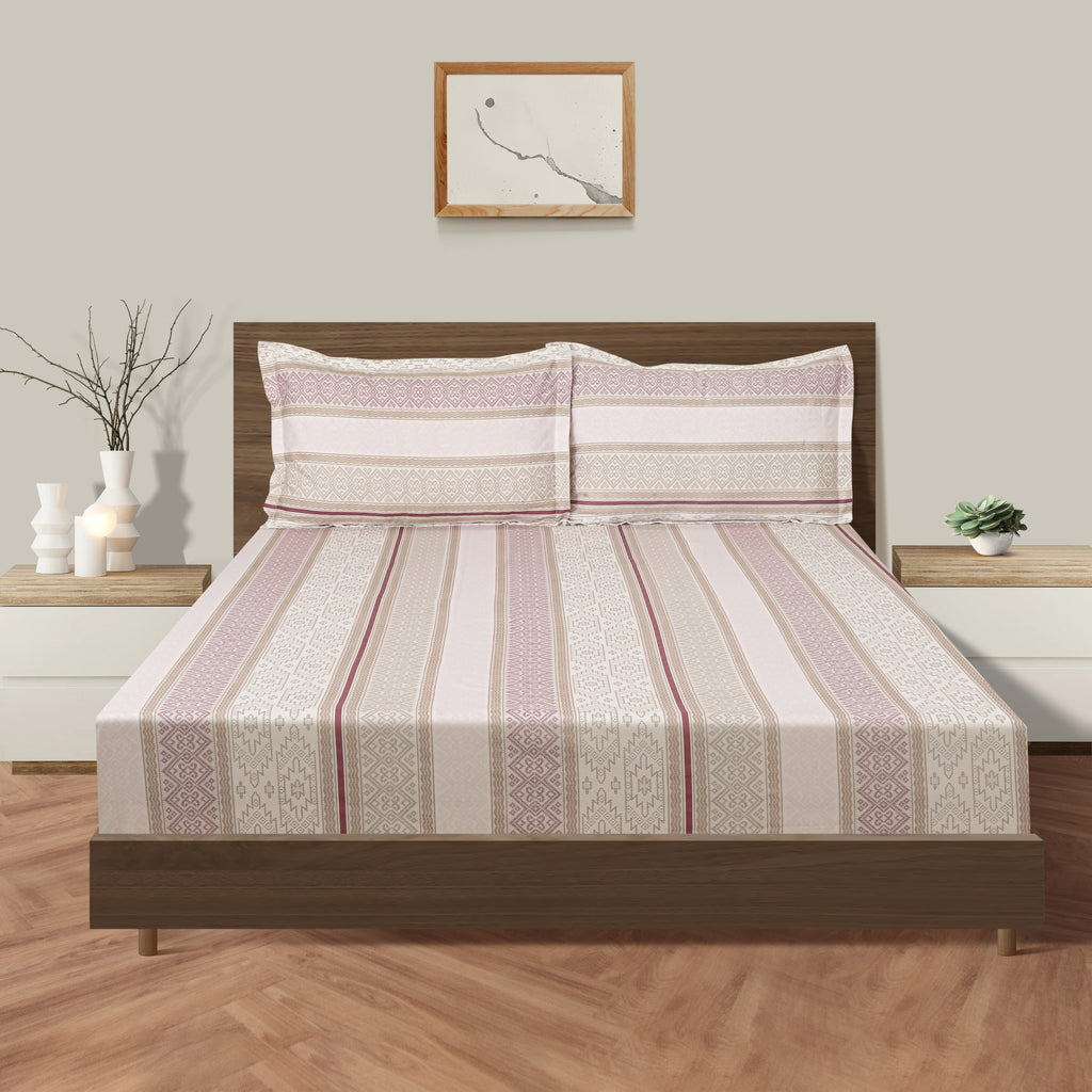 Ivory Mauve Geometric Stripes 180 TC Pure Cotton Bedsheet Set with Pillow Cover