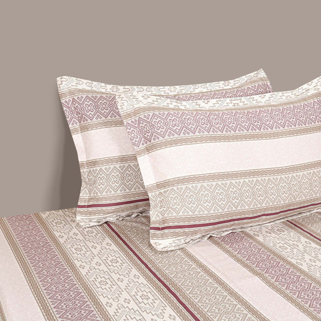 Ivory Mauve Geometric Stripes 180 TC Pure Cotton Bedsheet Set with Pillow Cover