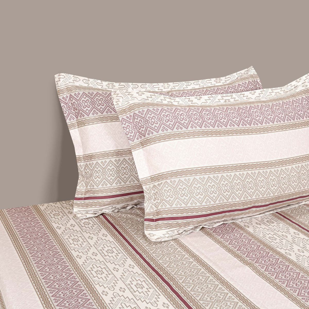 Ivory Mauve Geometric Stripes 180 TC Pure Cotton Bedsheet Set with Pillow Cover