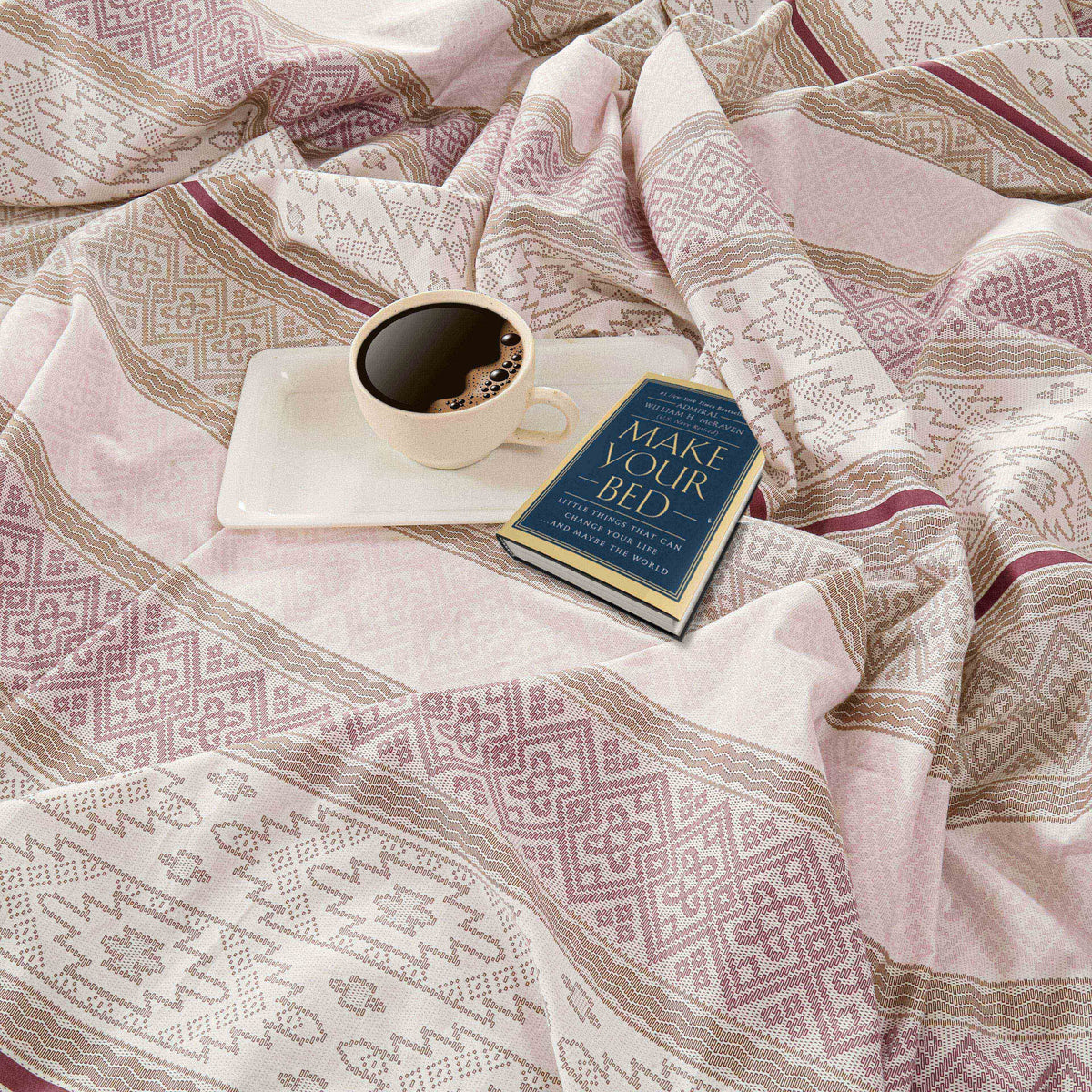 Ivory Mauve Geometric Stripes 180 TC Pure Cotton Bedsheet Set with Pillow Cover
