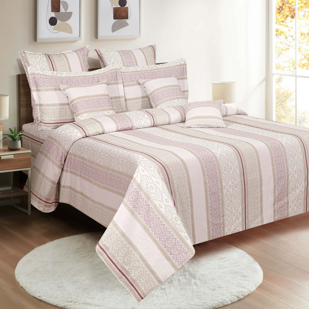 Ivory Mauve Geometric Stripes 180 TC Pure Cotton Bedsheet Set with Pillow Cover