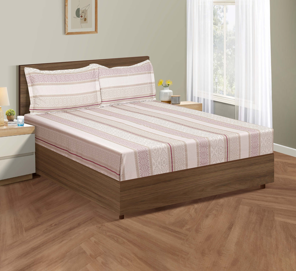 Ivory Mauve Geometric Stripes 180 TC Pure Cotton Bedsheet Set with Pillow Cover
