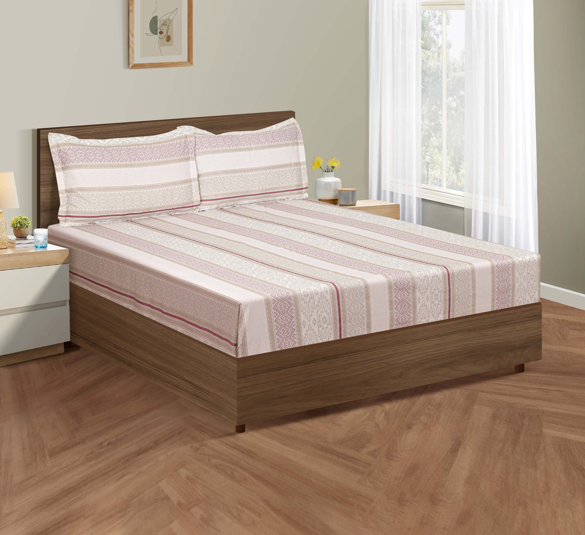 Ivory Mauve Geometric Stripes 180 TC Pure Cotton Bedsheet Set with Pillow Cover