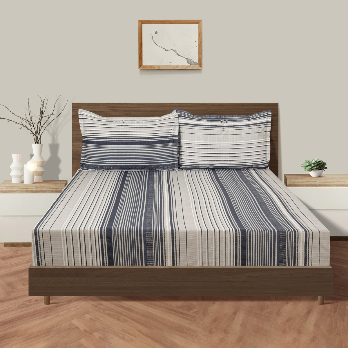 Indigo Classic Stripes 180 TC Pure Cotton Bedsheet Set with Pillow Cover