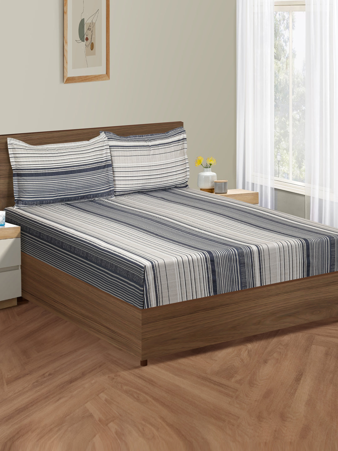 Indigo Classic Stripes 180 TC Pure Cotton Bedsheet Set with Pillow Cover