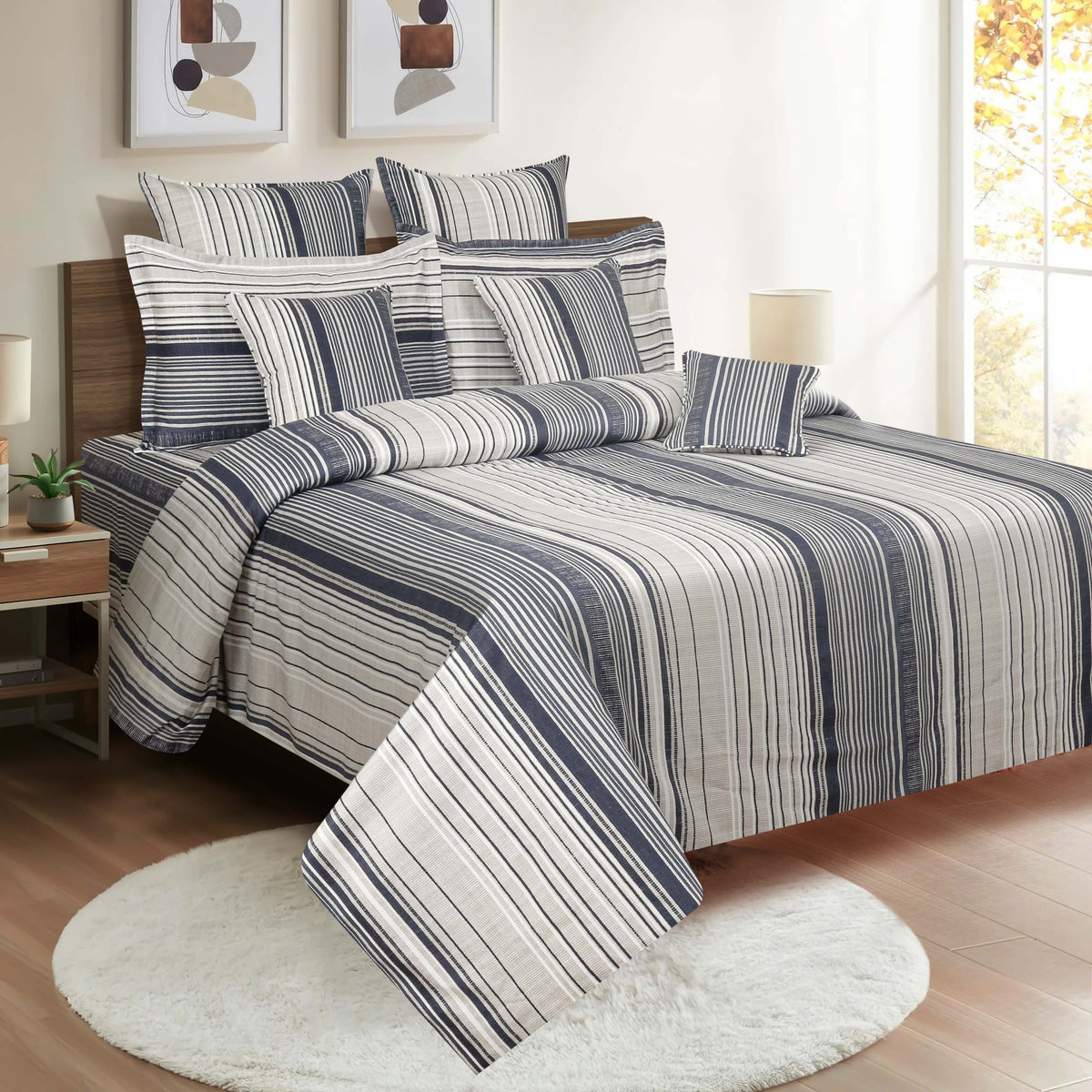 Indigo Classic Stripes 180 TC Pure Cotton Bedsheet Set with Pillow Cover