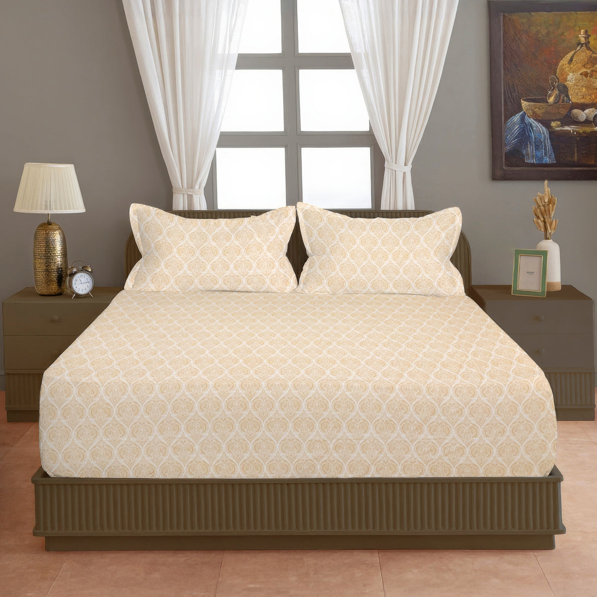 Ivory Paisley 200 TC Pure Cotton Bedsheet with Pillow Cover