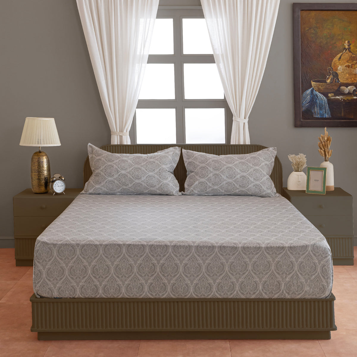 Grey Paisley 200 TC Pure Cotton Bedsheet with Pillow Cover