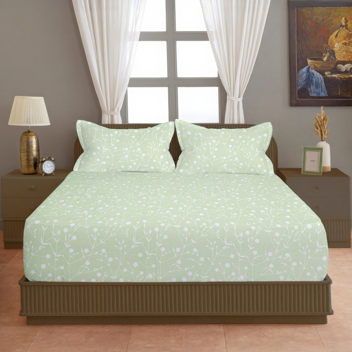 Sage Green Botanical 200 TC Pure Cotton Bedsheet with Pillow Cover