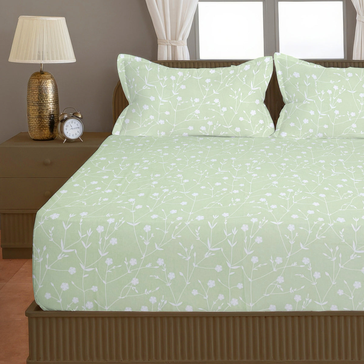 Sage Green Botanical 200 TC Pure Cotton Bedsheet with Pillow Cover