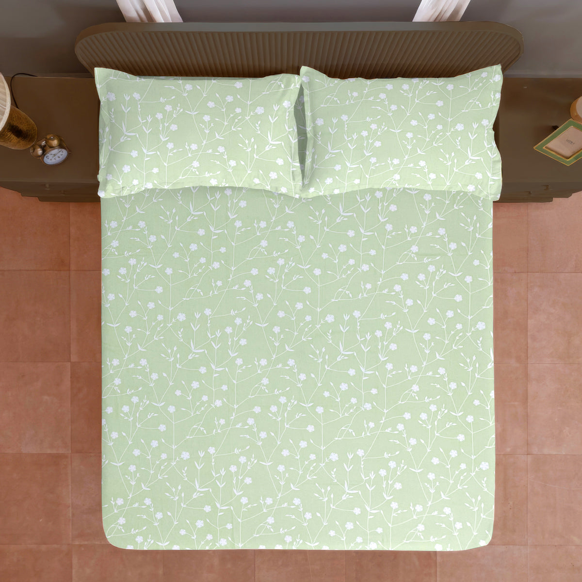 Sage Green Botanical 200 TC Pure Cotton Bedsheet with Pillow Cover