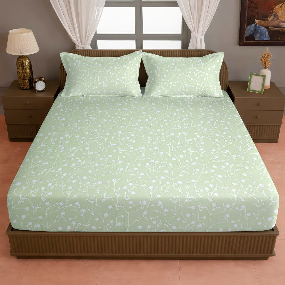 Sage Green Botanical 200 TC Pure Cotton Bedsheet with Pillow Cover